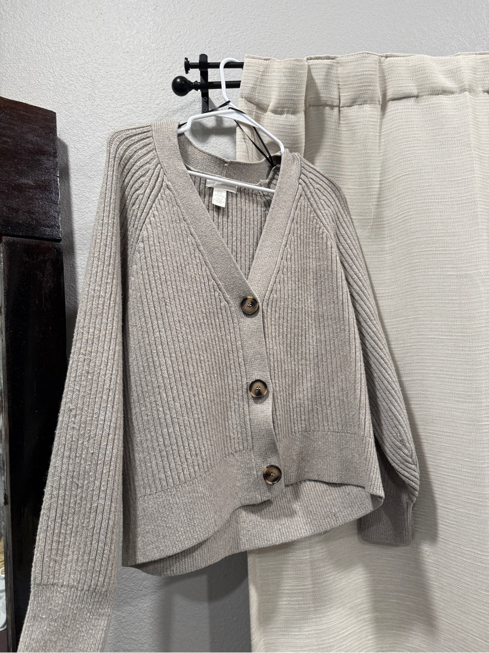 H&M Neutral Ribbed Button-Front Cardigan - Beige Taupe